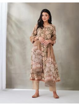 Fabindia - Women Grey Cotton Hand Block Printed Kurta with Dupatta