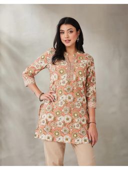 Fabindia - Women Peach Cotton Hand Block Printed Short Kurta