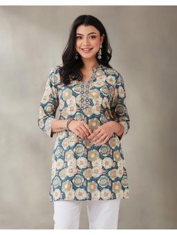Fabindia - Women Blue Cotton Hand Block Printed Short Kurta