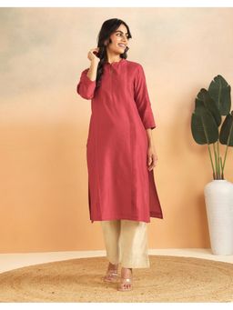 Fabindia - Women Red Cotton Silk Pintuck Long Kurta