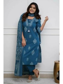 GEKHA - Women Pure Cotton Printed Blue Straight Kurta with Pants & Dupatta