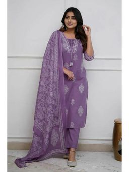 GEKHA - Women Pure Cotton Printed Purple Straight Kurta with Pants & Dupatta