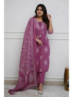 GEKHA - Women Pure Cotton Printed Wine Straight Kurta with Pants & Dupatta