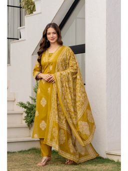 GEKHA - Women Pure Cotton Printed Yellow Straight Kurta with Pants & Dupatta