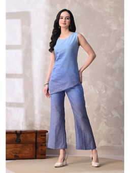 KIZA - Women Tie and Dye Linen Cotton Sleeveless Regular Fit Blue Co-Ord Set