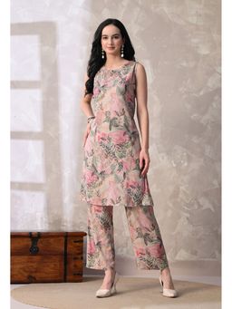KIZA - Women Floral Pink Sleeveless Kurta With Trousers