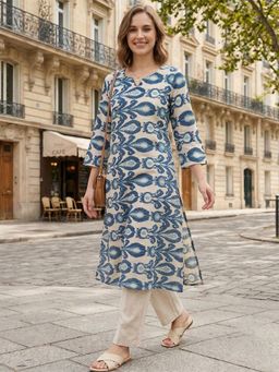 KIZA - Women Printed Blue Pure Cotton Kurta With Trousers