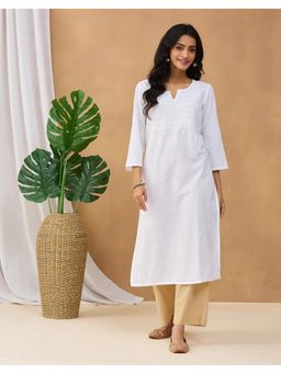 Fabindia - Women White Cotton Chikankari Long Kurta