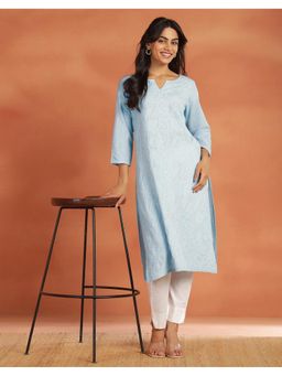 Fabindia - Women Blue Cotton Chikankari Long Kurta
