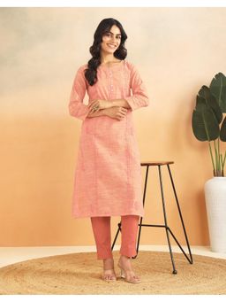 Fabindia - Peach Cotton Chikankari Long Kurta