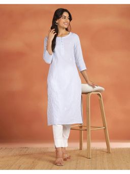Fabindia - Women Light Blue Cotton Chikankari Long Kurta