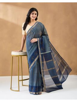 Fabindia - Indigo Cotton Silk Blend Hand Block Print Saree