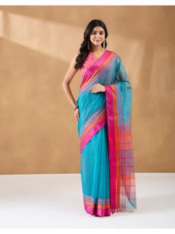 Fabindia - Turquoise Cotton Silk Blend Maheshwari Wonders Saree