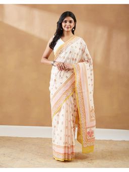 Fabindia - Yellow Cotton Hand Block Print Saree