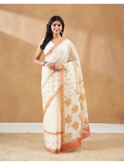 Fabindia - Orange Cotton Silk Hand Block Print Saree