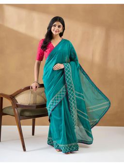 Fabindia - Teal Cotton Silk Hand Embroidery Saree