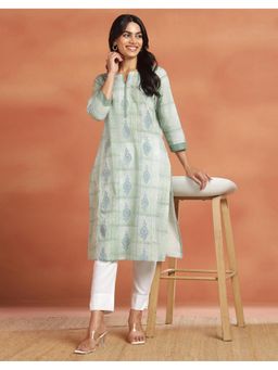 Fabindia - Women Blue Cotton Hand Block Printed Long Kurta