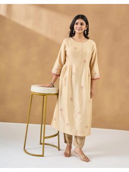 Fabindia - Women Beige Cotton Silk Printed Buti Long Kurta