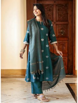 Kedar Fab - Women Art Silk Teal Motif Kurta With Pant & Dupatta