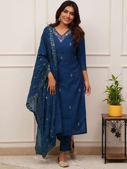 Kedar Fab - Women Navy Blue Cerulean Manbhavan Kurta With Pant & Dupatta