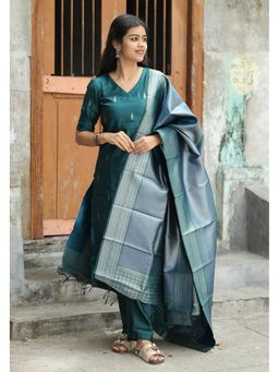 Kedar Fab - Women Art Silk Teal Motif Kurta With Pant & Dupatta