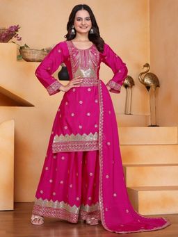 Odette - Women Pink Georgette Solid Stitched Kurta With Palazzo & Dupatta