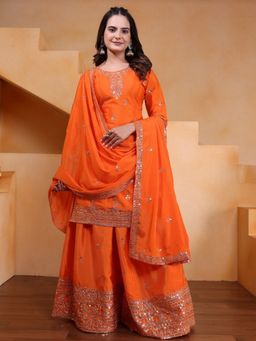 Odette - Women Orange Georgette Solid Stitched Kurta With Palazzo & Dupatta