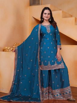 Odette - Women Teal Blue Georgette Solid Stitched Kurta With Palazzo & Dupatta