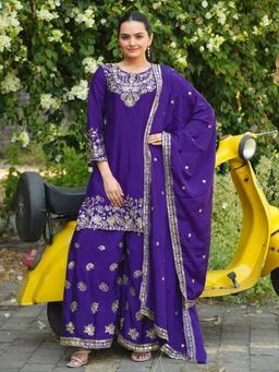 Odette - Women Purple Georgette Solid Stitched Kurta With Palazzo & Dupatta