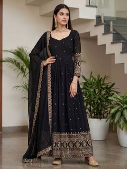 Odette - Women Black Georgette Solid Stitched Kurta With Pant & Dupatta