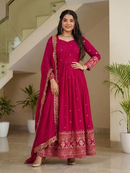 Odette - Women Pink Georgette Solid Stitched Kurta With Pant & Dupatta
