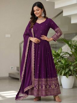 Odette - Women Purple Georgette Solid Stitched Kurta With Pant & Dupatta
