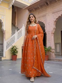 Odette - Women Orange Georgette Solid Stitched Kurta With Pant & Dupatta