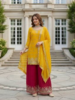 Odette - Women Yellow Chinon Solid Stitched Kurta With Palazzo & Dupatta