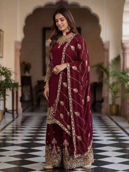 Odette - Women Maroon Chinon Solid Stitched Kurta With Palazzo & Dupatta