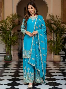 Odette - Women Sky Blue Chinon Solid Stitched Kurta With Palazzo & Dupatta
