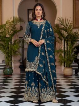 Odette - Women Teal Blue Chinon Solid Stitched Kurta With Palazzo & Dupatta