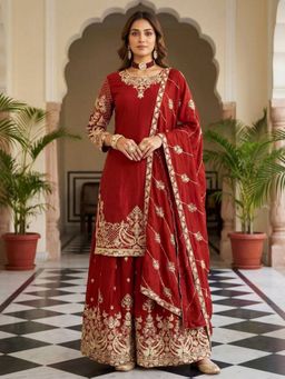 Odette - Women Maroon Chinon Solid Stitched Kurta With Palazzo & Dupatta
