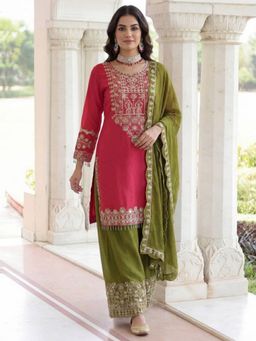 Odette - Women Red Chinon Solid Stitched Kurta With Palazzo & Dupatta