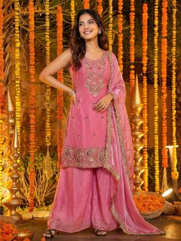Odette - Women Dusty Rose Chiffon Solid Stitched Kurta With Palazzo & Dupatta