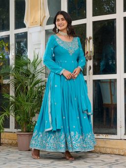 Odette - Women Blue Silk Solid Stitched Kurta With Pant & Dupatta