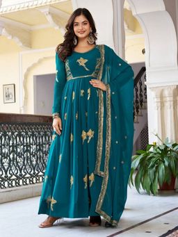 Odette - Women Teal Silk Solid Stitched Kurta With Pant & Dupatta