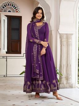 Odette - Women Purple Georgette Solid Stitched Kurta With Pant & Dupatta