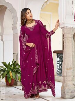 Odette - Women Purple Georgette Solid Stitched Kurta With Pant & Dupatta