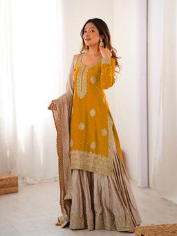 Odette - Women Yellow Chinon Solid Stitched Kurta With Palazzo & Dupatta
