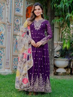 Odette - Women Purple Georgette Solid Stitched Kurta With Pant & Dupatta