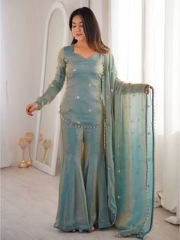 Kedar Fab - Women Teal Unicorn Kurta With Sharara & Dupatta