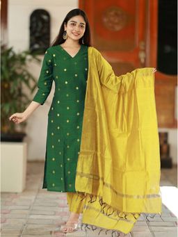 Kedar Fab - Women Art Silk Green Motif Kurta With Pant & Dupatta