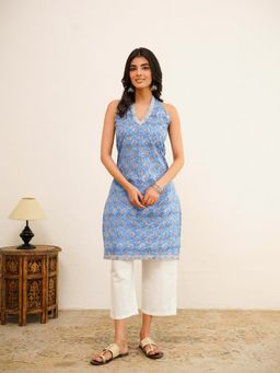 GOODHAND - Women Blue Cotton Block Printed Halter Kurta