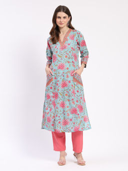 ME & I - Women Multicolor Cotton Floral Print V-Neck Straight Kurta